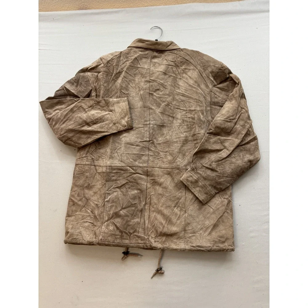 Genuine Leather Womens Tan Button Front Collared Jacket Coat Size 10 Drawstring